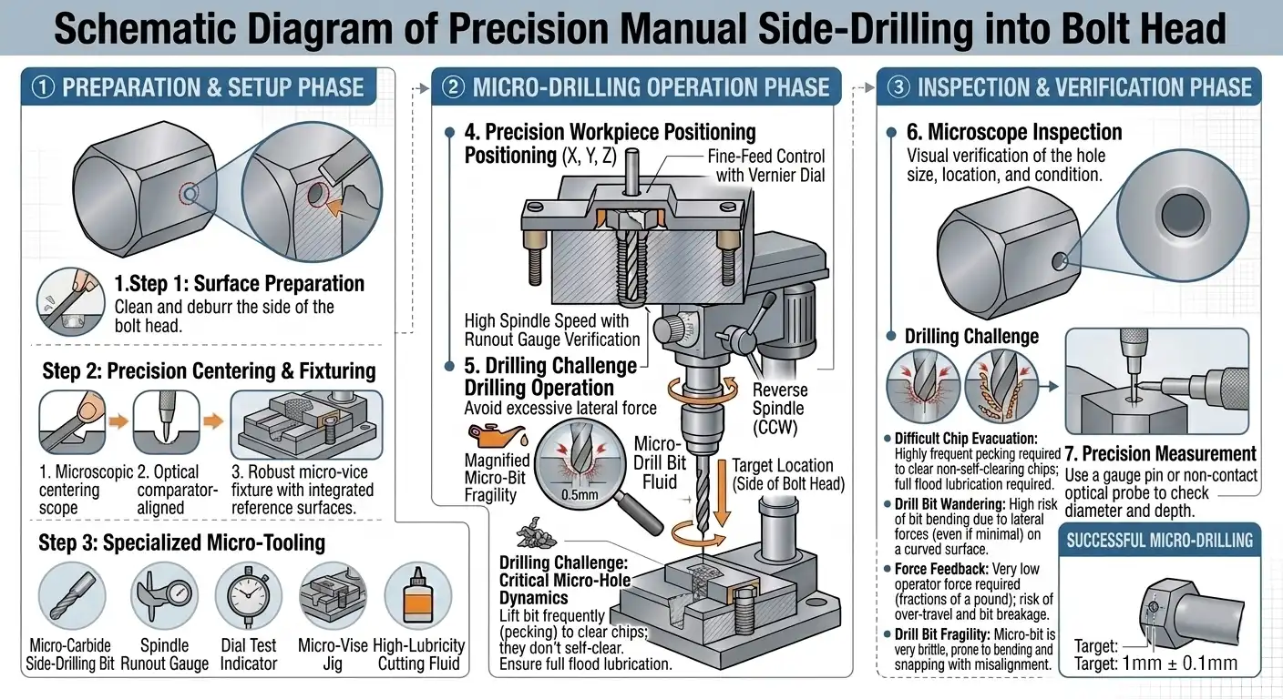 Schematic Diagram of Precision Manual Side-Drilling into Bolt Head